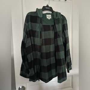 Green/Black American Eagle Plaid Button Up with Hood